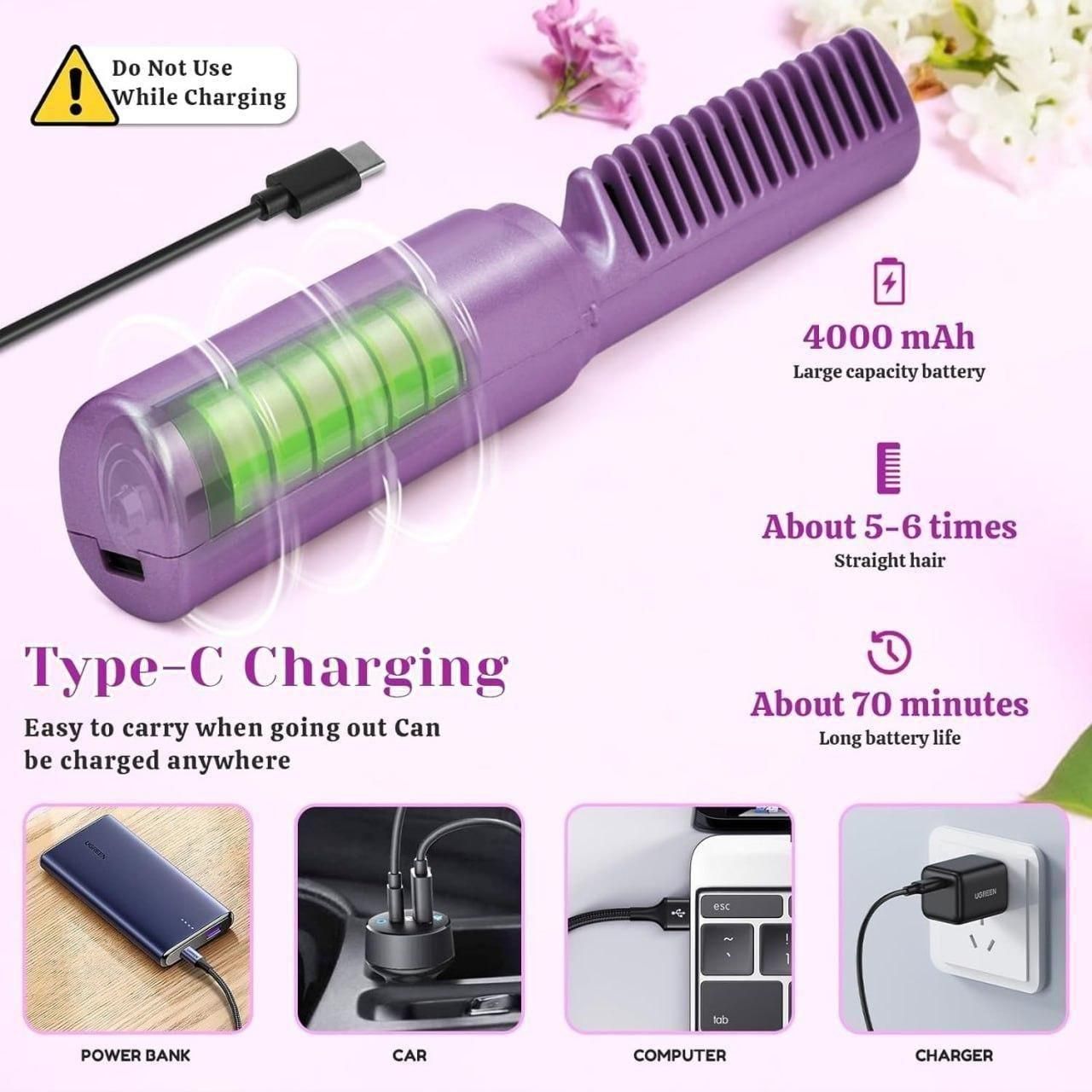 Meneflix Portable Mini Hair Straightener Cordless Rechargeable Mini Adjustable Hair Straightener Hot Comb - MeraPopi